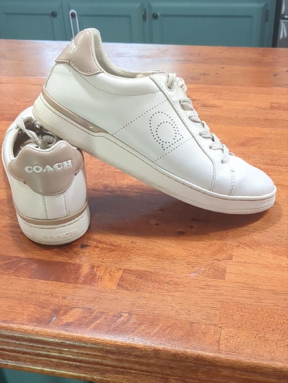 COACH Women's Lowline Leather Low Top Sneakers Shoes Chalk White Taupe Sz 8.5
